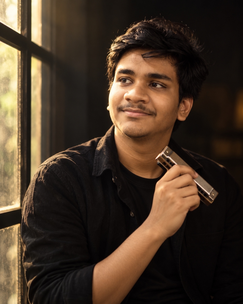 Cinematic portrait of Tanishq Ghosh with his harmonica